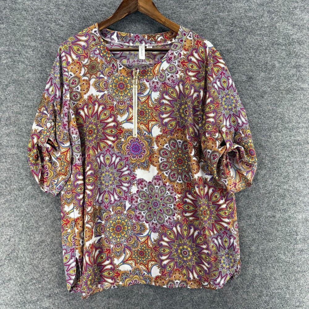 Tacera Blouse Women XL Brown Geometric 3/4 Sleeve Zipper Round Neck Casual